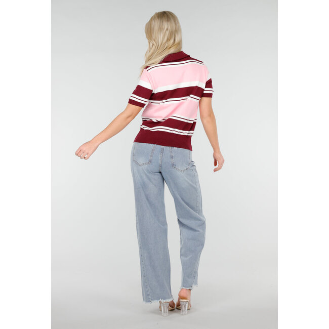 Pink and Bordeaux Red Striped Short Sleeve Polo Top