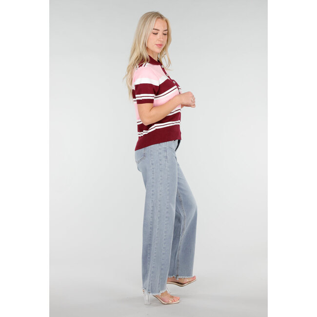 Pink and Bordeaux Red Striped Short Sleeve Polo Top