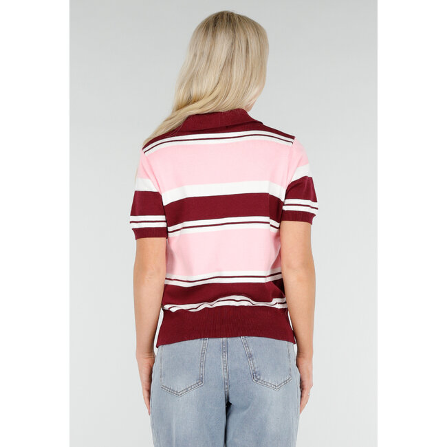 Pink and Bordeaux Red Striped Short Sleeve Polo Top
