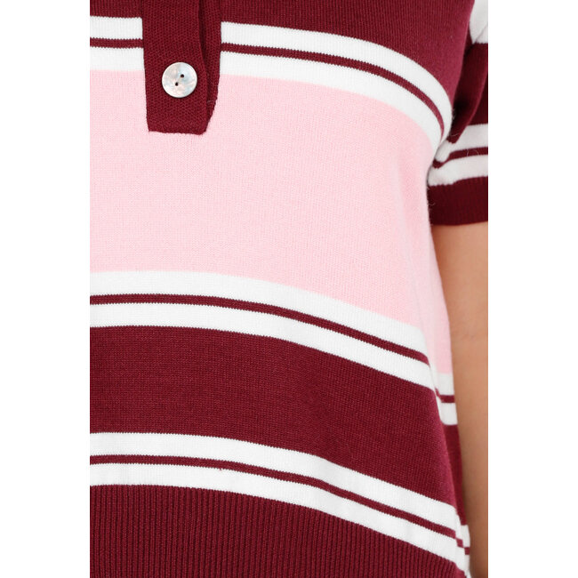 Pink and Bordeaux Red Striped Short Sleeve Polo Top