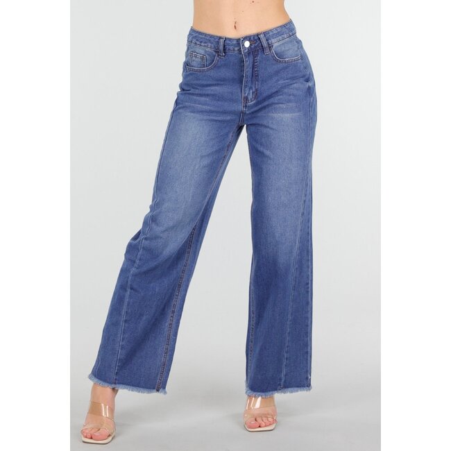 Blaue High Waist Wide Leg Jeans mit dezenter Waschung und ausgefranstem Saum