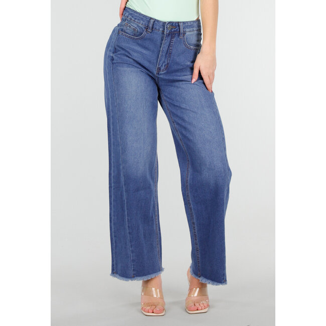 Blaue Mid Waist Wide Leg Jeans mit dezenter Waschung und ausgefranstem Saum