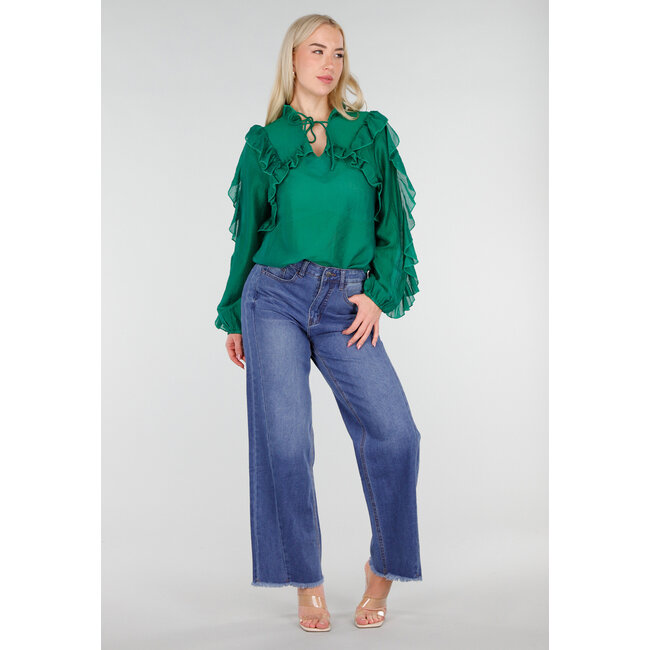 Blaue Mid Waist Wide Leg Jeans mit dezenter Waschung und ausgefranstem Saum