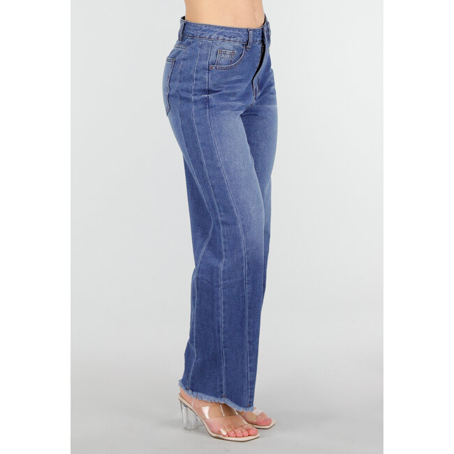 Blaue High Waist Wide Leg Jeans mit dezenter Waschung und ausgefranstem Saum