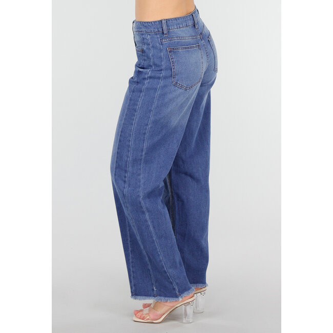 Blaue Mid Waist Wide Leg Jeans mit dezenter Waschung und ausgefranstem Saum