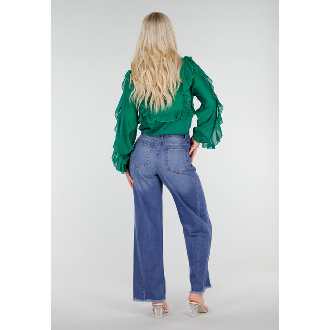 Blaue Mid Waist Wide Leg Jeans mit dezenter Waschung und ausgefranstem Saum