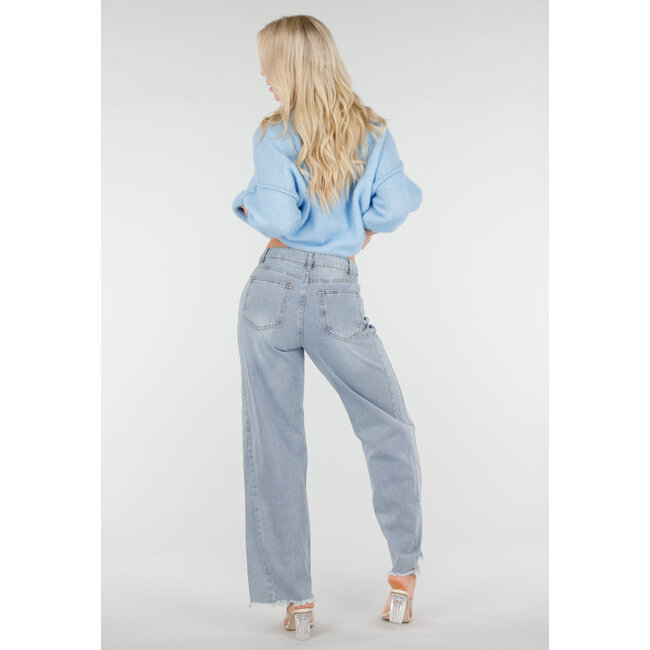 Hellblaue Mid Waist Wide Leg Jeans mit ausgefranstem Saum
