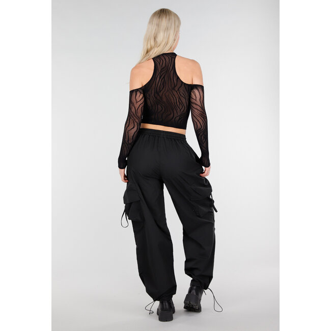 Schwarzes Fishnet-Crop-Top mit Cut-Out und offenen Schultern