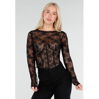 Schwarzes Spitzenoberteil mit langen Ärmeln
