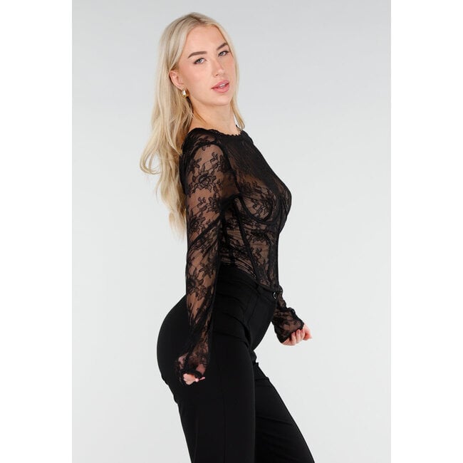 Schwarzes Spitzenkorsett-Oberteil mit langen Ärmeln und Stretch