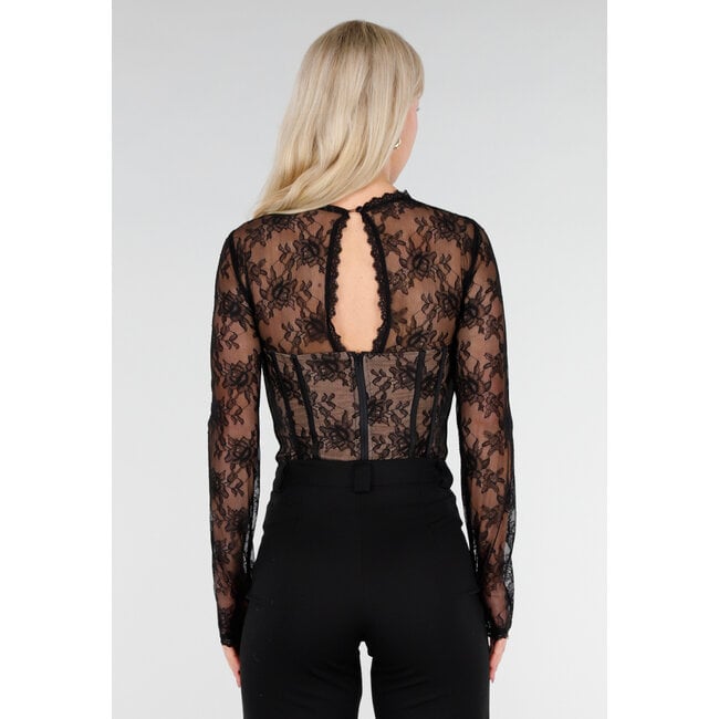 Schwarzes Spitzenkorsett-Oberteil mit langen Ärmeln und Stretch