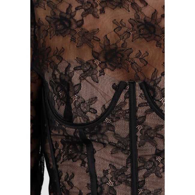 Schwarzes Spitzenkorsett-Oberteil mit langen Ärmeln und Stretch