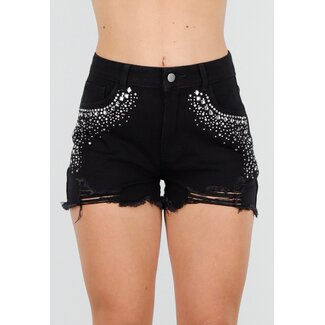 Schwarze Denim-Shorts mit Strasssteinen