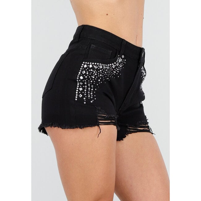 Schwarze Denim-Shorts mit Strasssteinen und ausgefransten Säumen