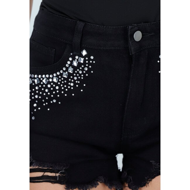 Schwarze Denim-Shorts mit Strasssteinen und ausgefransten Säumen
