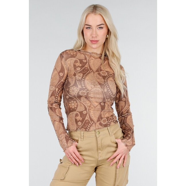 Braunes Mesh-Oberteil mit Paisley-Print