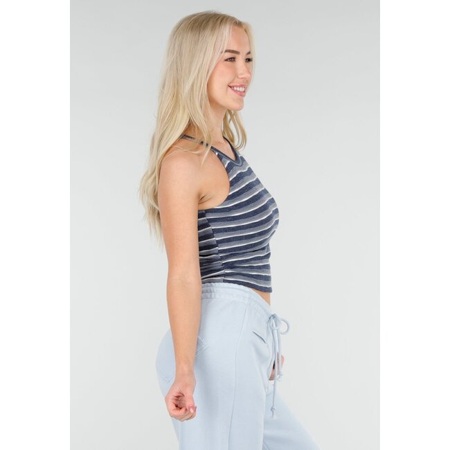 Blau gestreifter, kurzer Neckholder-Top mit Polstern und Stretch