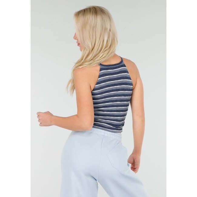 Blau gestreifter, kurzer Neckholder-Top mit Polstern und Stretch