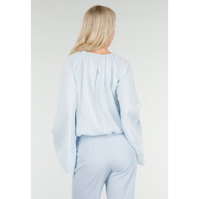 Light Blue Blouse with Wide Sleeves and Round Neck