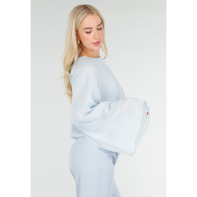 Light Blue Blouse with Wide Sleeves and Round Neck