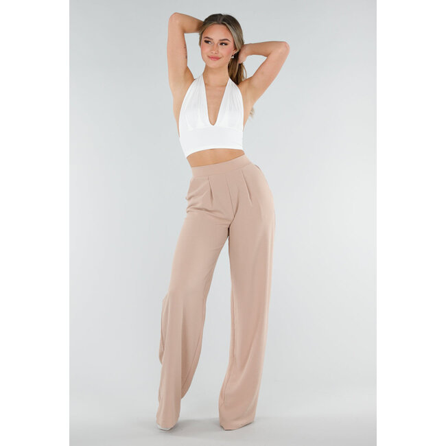 Beigefarbene Hose mit hoher Taille im Leinen-Look und Bund