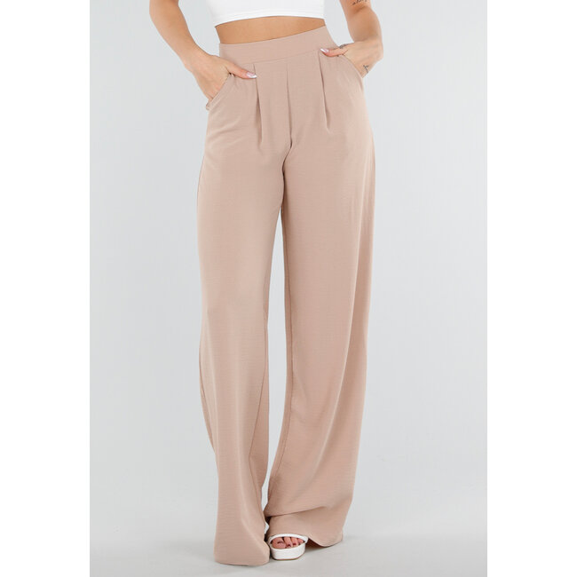 Beigefarbene Hose mit hoher Taille im Leinen-Look und Bund