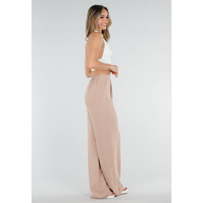 Beigefarbene Hose mit hoher Taille im Leinen-Look und Bund