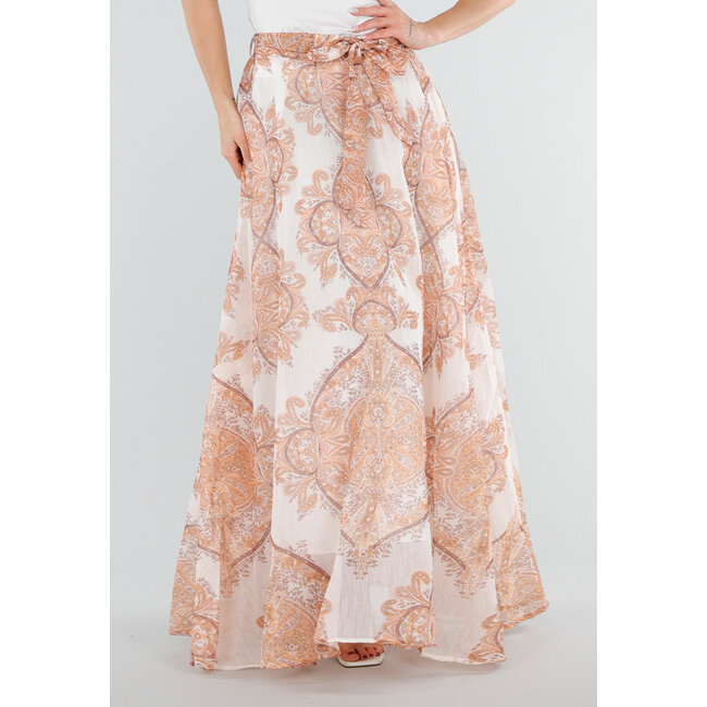 Orangefarbener Maxirock mit Paisley-Print und Schleifengürtel