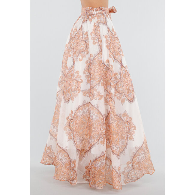 Orangefarbener Maxirock mit Paisley-Print und Schleifengürtel