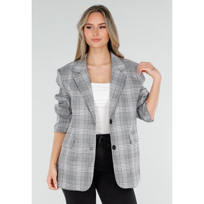 Grauer karierter Blazer mit langen Ärmeln und Knöpfen