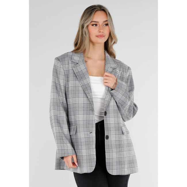 Grauer karierter Blazer mit langen Ärmeln und Knöpfen