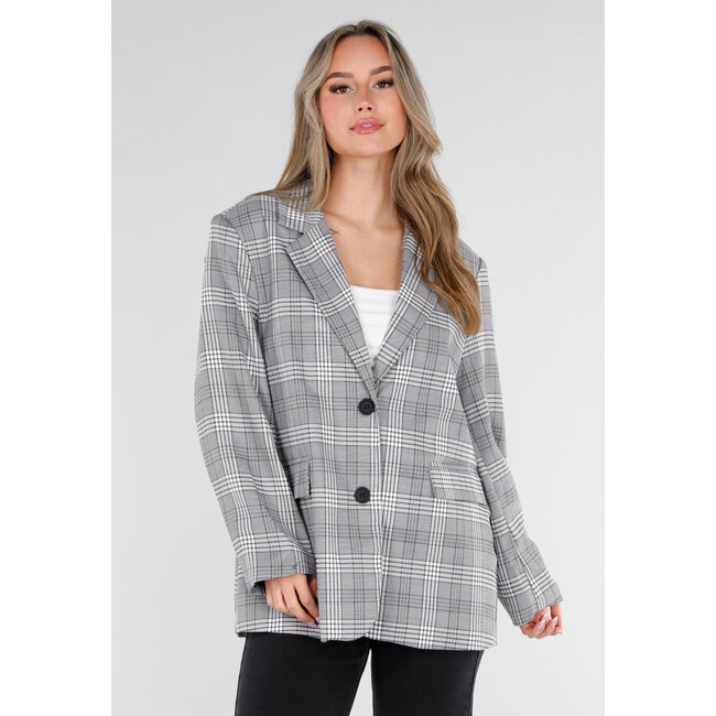 Grauer karierter Blazer mit langen Ärmeln und Knöpfen