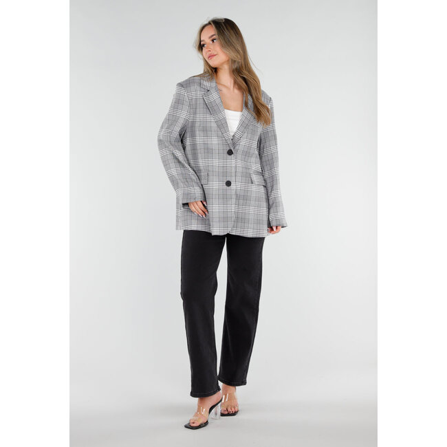 Grauer karierter Blazer mit langen Ärmeln und Knöpfen