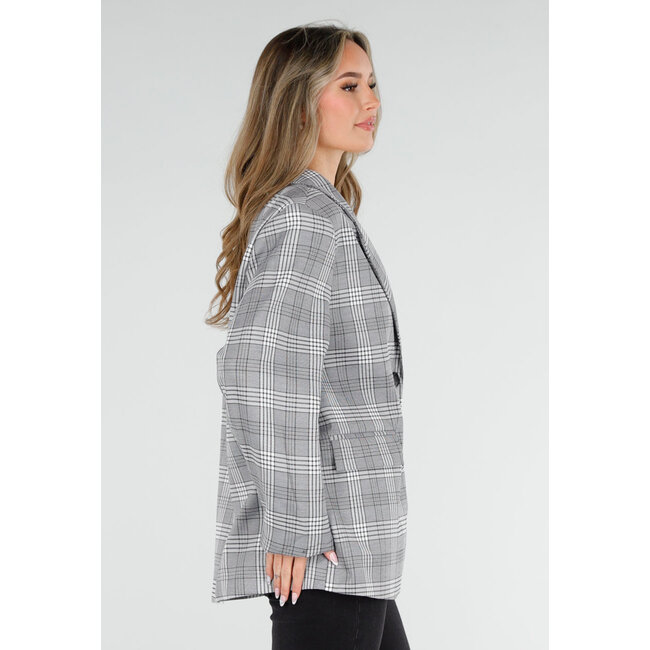 Grauer karierter Blazer mit langen Ärmeln und Knöpfen