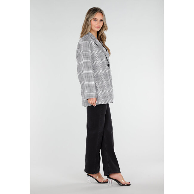 Grauer karierter Blazer mit langen Ärmeln und Knöpfen