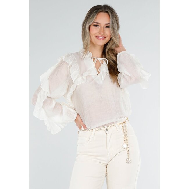 Beige Rüschenbluse mit langen Ärmeln und Schleifenverschluss