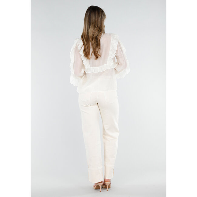 Beige Rüschenbluse mit langen Ärmeln und Schleifenverschluss