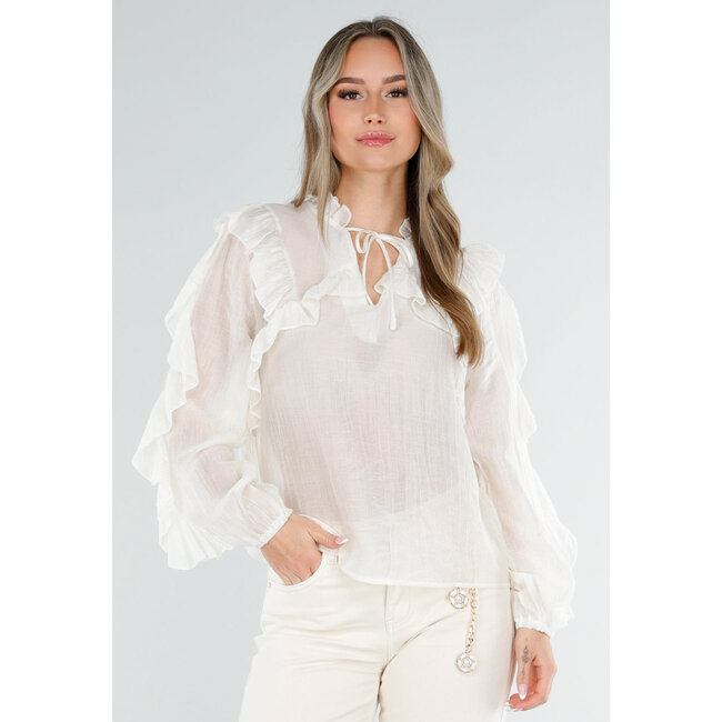 Beige Rüschenbluse mit langen Ärmeln und Schleifenverschluss