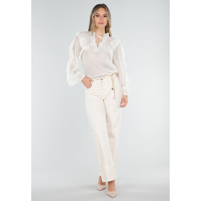 Beige Rüschenbluse mit langen Ärmeln und Schleifenverschluss