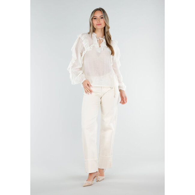 Beige Rüschenbluse mit langen Ärmeln und Schleifenverschluss