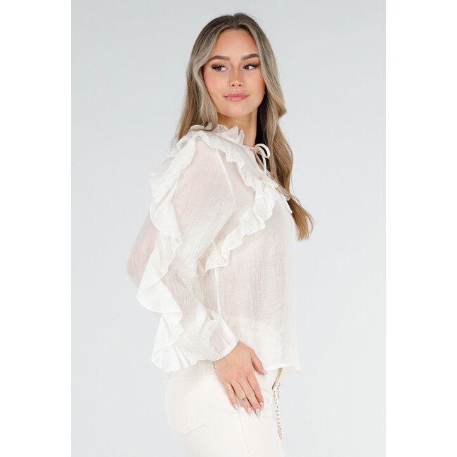 Beige Rüschenbluse mit langen Ärmeln und Schleifenverschluss