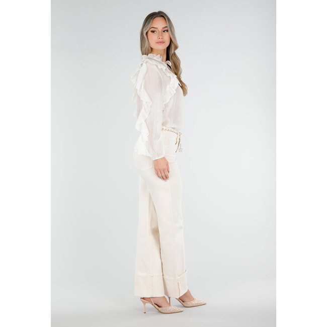 Beige Rüschenbluse mit langen Ärmeln und Schleifenverschluss