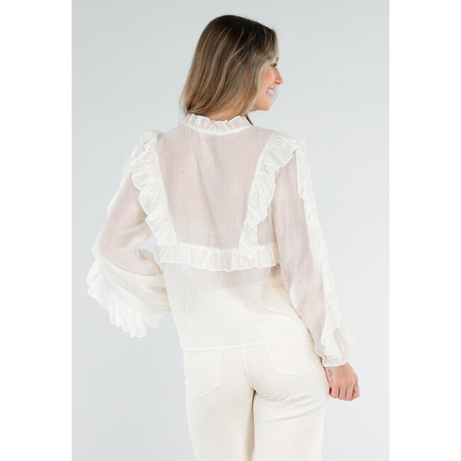 Beige Rüschenbluse mit langen Ärmeln und Schleifenverschluss