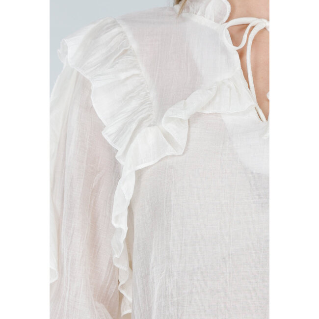 Beige Rüschenbluse mit langen Ärmeln und Schleifenverschluss