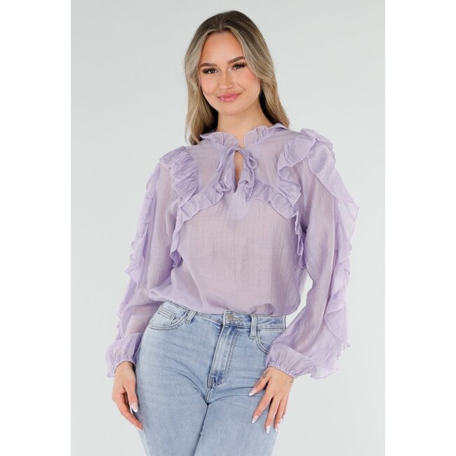 Lila Rüschenbluse mit Schleifendetail und langen Ärmeln