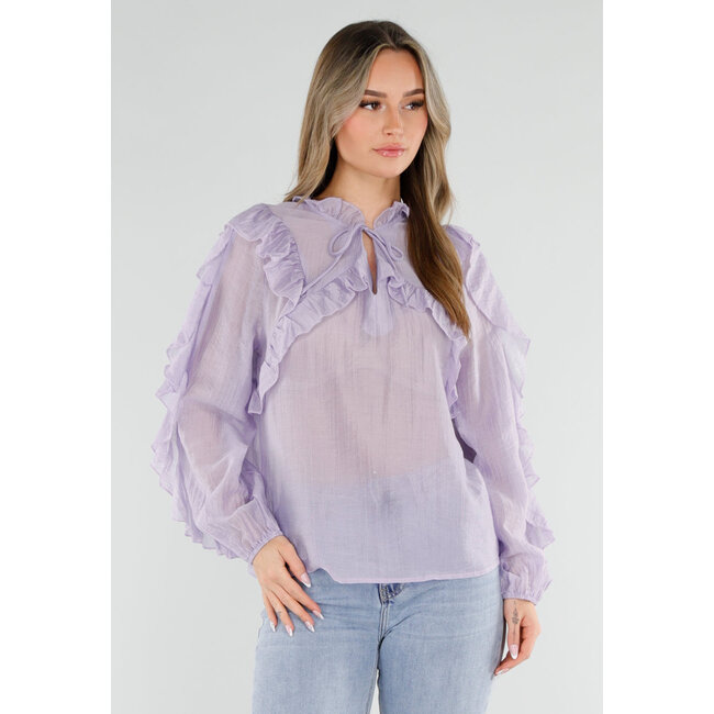 Lila Rüschenbluse mit Schleifendetail und langen Ärmeln