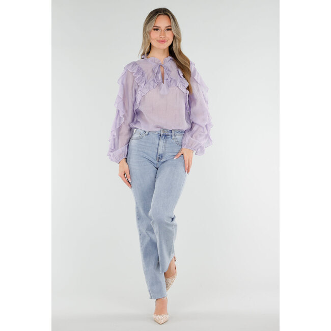 Lila Rüschenbluse mit Schleifendetail und langen Ärmeln