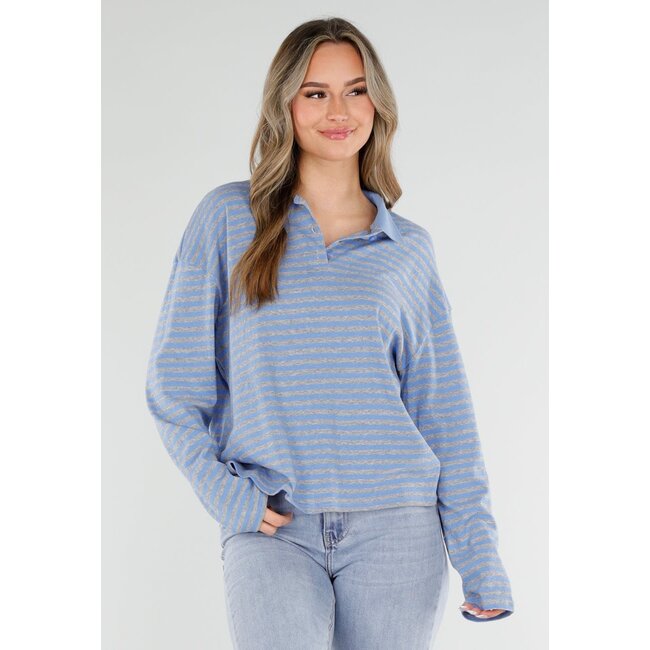 Blau gestreiftes Langarm-Polohemd mit Stretch