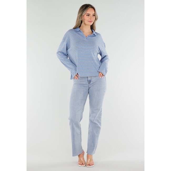 Blau gestreiftes Langarm-Polohemd mit Stretch