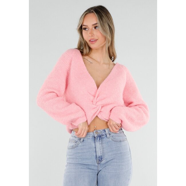 Rosa gestrickter Twist-Pullover mit V-Ausschnitt und offenem Rücken